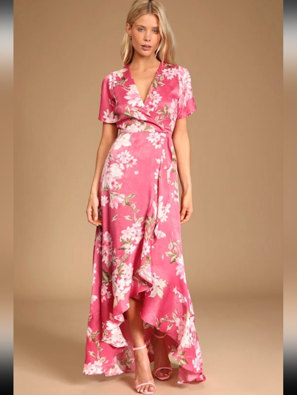 Lulus Womens Maxi Dress Forever Elegant Pink Floral Satin Ruffled Hoco Medium